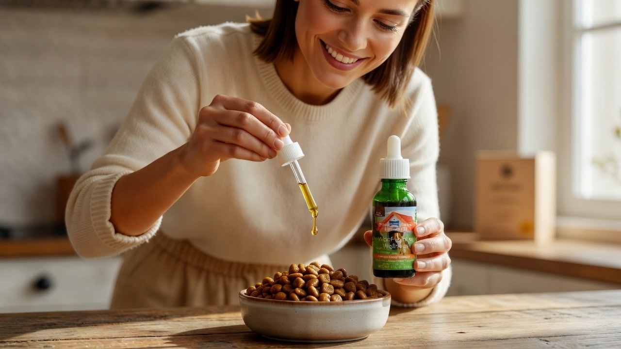 Pet owner adding Woof-licious dropper oil onto a bowl of dog kibble